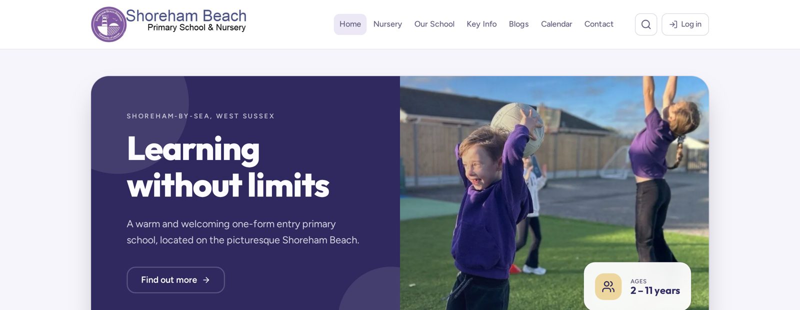The Shoreham Beach Primary School & Nursery homepage, showing the 'Learning without limits' hero and quick links for parents.